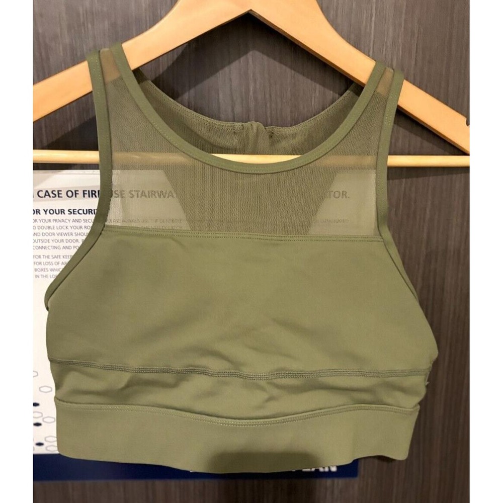 Zyia Sports Bra Women's Medium Olive Green Nylon Stretch Back Zip Round Neck